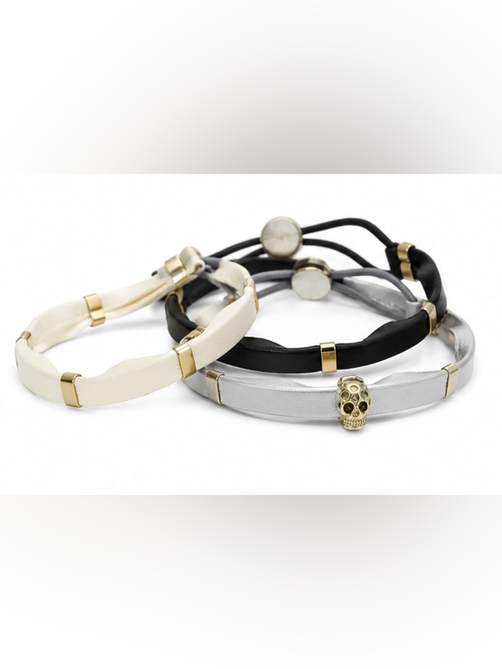 Leather Wrap Hair Tie Bracelet Set | Skull Charm & Minimal Gold Hardware